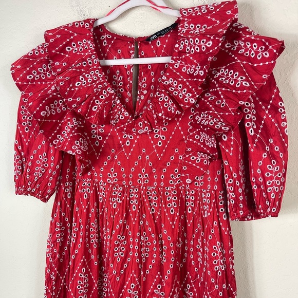 Zara Cotton Eyelet Ruffle Midi Statement Dress in Red Size Large - Picture 8 of 12